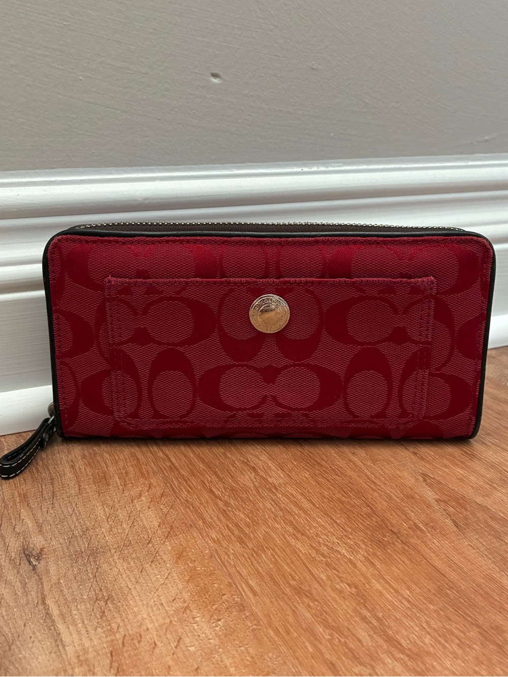 Coach Signature Jacquard Red Zip Around Wallet Leather Trim - Picture 14 of 15